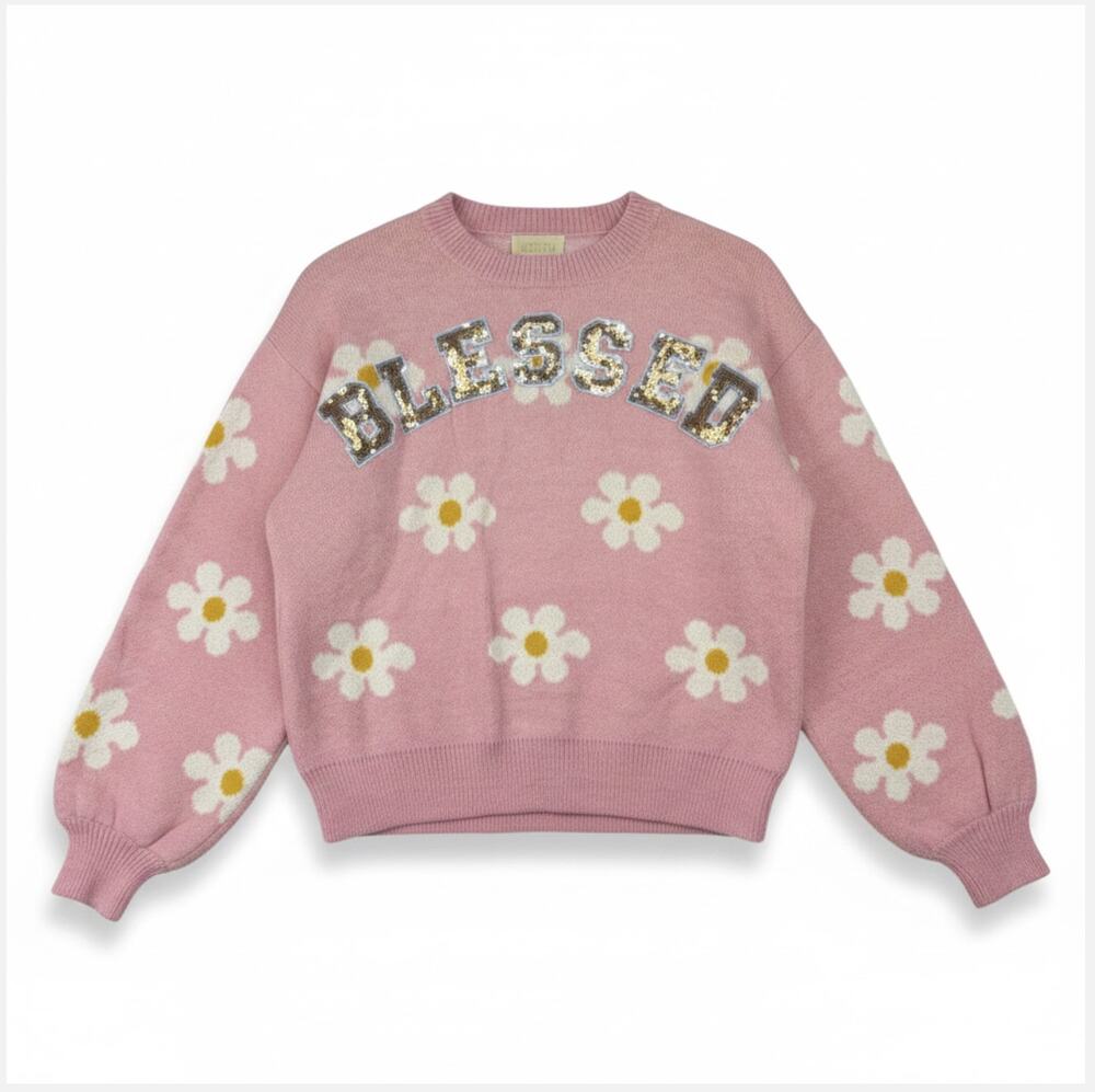 Judith March "Blessed" Floral Sweater Pink Size Small